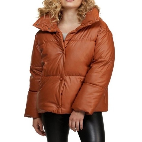NVLT Women’s Vegan Leather Puffer Coat Size Large Burnt Orange Like New - Picture 1 of 8